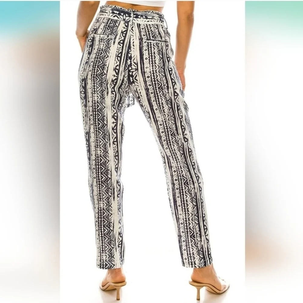 Cali 1850 Linen Blend Boho Paperbag Waist Pants Size M Blue White Print #1094 - Picture 2 of 8